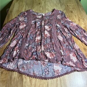 Knox Rose Purple Floral Long Sleeve Peasant Stretch Top Womens Size XXL